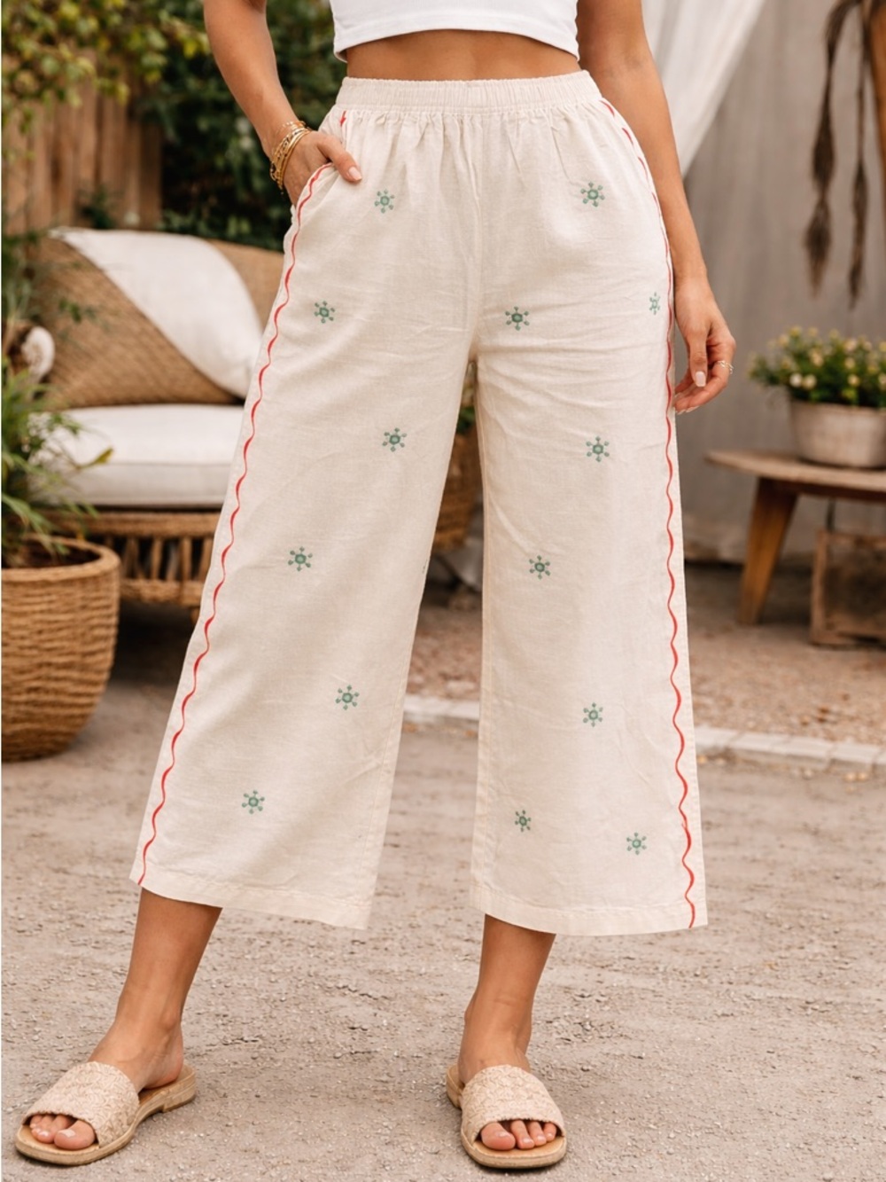 Petal + Pup by MABLE Embroidered Cream Wide-Leg Pants with Orange Trim Medium